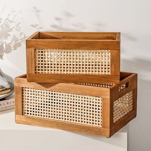 Kitchen Desktop Solid Wood Storage Box Retro Rattan Basket Book Snacks Cosmetics Organizer home appliance Bathroom Accessories - Image 2