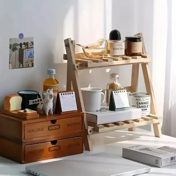 1pc Bilayer Wooden Storage Shelf  Desktop Organizer Shelves Trapezoidal Desk Display Rack Desktop Stationary Office Storage Rack - Image 4