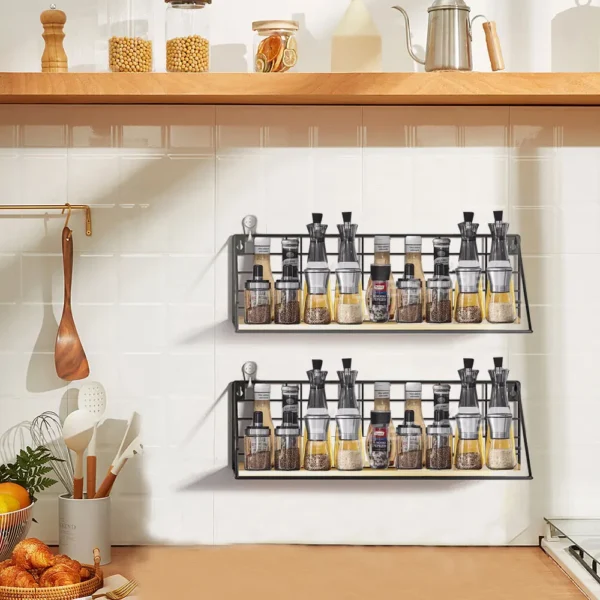 Wooden Spice Rack Wall Mounted Kitchen Organizer Hanging Spice Jar Storage Shelf For Kitchen Seasoning Holder Wall Decoration - Image 2