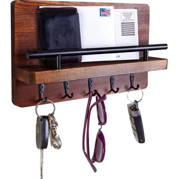 Wooden Wall Key Holder with 5 Hooks Mail Organizer with Shelf Home Decor for Entryway Hallway - Image 8