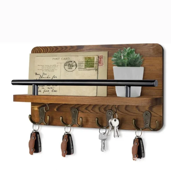Wooden Wall Key Holder with 5 Hooks Mail Organizer with Shelf Home Decor for Entryway Hallway - Image 7